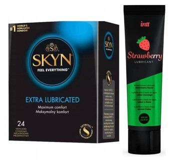 Набор : Skyn Exstra Lube 24 шт и Лубрикант Intt Strawberry (100 мл) SOS71 фото