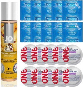 Набір 20 шт Pasante Ribbed та ONE Tattoo Touch + System JO H2O &mdash; Juicy Pineapple (30 мл) SOS4906 фото