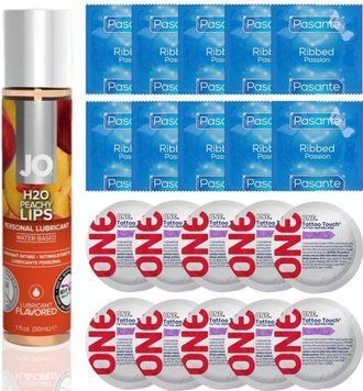 Набір 20 шт Pasante Ribbed та ONE Tattoo Touch + System JO H2O &mdash; Peachy Lips (30 мл) SOS4907 фото