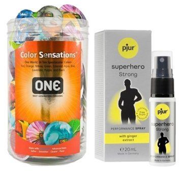 Набор из ONE Color Sensations 100 шт + Пролонгатор pjur Superhero Strong Spray 20 ml SOS9180 фото