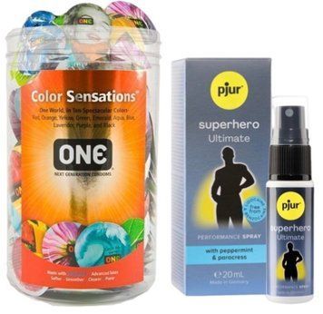 Набор из ONE Color Sensations 100 шт + Пролонгатор pjur Superhero Ultimate Spray 20 мл SOS9184 фото