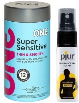 Набор из ONE Super Sensitive Pack 12 шт + Пролонгатор pjur Superhero Spray 20 мл SOS9398 фото
