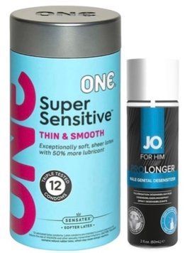 Набор из ONE Super Sensitive Pack 12 шт + Пролонгатор System JO Prolonger Spray with Benzocaine (60 мл) SOS9399 фото
