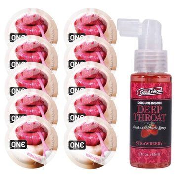 Комплект ONE Bubblegum 10 шт + Doc Johnson GoodHead DeepThroat Spray Sweet Strawberry, 59 мл SOS13873 фото