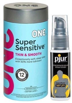 Набор из ONE Super Sensitive Pack 12 шт + Пролонгатор pjur Superhero Serum 20 мл SOS9401 фото