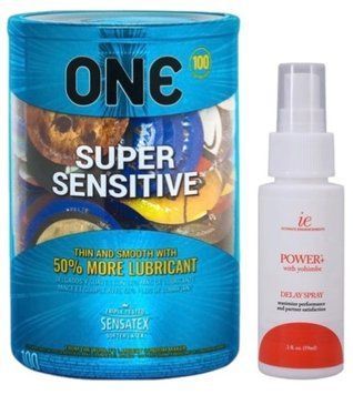 Набор из ONE Super Sensitive 100 шт + Пролонгатор Doc Johnson Power+ с Yohimbe Delay Spray For Men (59 мл) SOS9501 фото