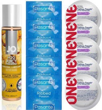 Набір 10 шт Pasante Ribbed та ONE Tattoo Touch + System JO H2O &mdash; Juicy Pineapple(30 мл) SOS4919 фото