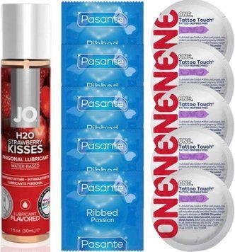 Набір 10 шт Pasante Ribbed та ONE Tattoo Touch + System JO H2O &mdash; Strawberry Kiss(30 мл) SOS4921 фото