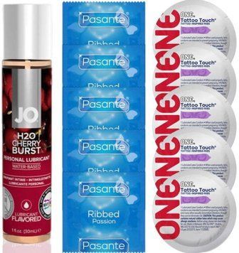 Набор 10 шт Pasante Ribbed и ONE Tattoo Touch + System JO H2O &mdash; Cherry Burst (30 мл) SOS4922 фото