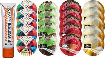 Набір з Swiss Navy Warming 10 мл + ONE Ribs + ONE Mint Chocolate + ONE Chocolate Strawberry + ONE Banana SOS8587 фото
