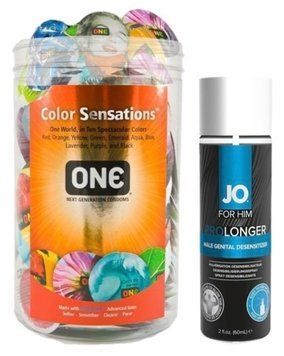 Набор из ONE Color Sensations 100 шт + Пролонгатор System JO Prolonger Spray with Benzocaine (60 мл) SOS9196 фото