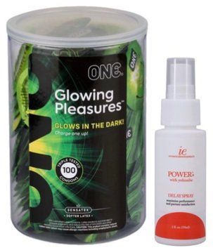 Набір з ONE Glowing Pleasures, 100 шт + Пролонгатор Doc Johnson Power+with Yohimbe Delay Spray For Men (59 мл) SOS9559 фото