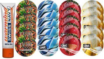 Набір з Swiss Navy Warming 10 мл + ONE Tattoo + ONE Mint + ONE Chocolate Strawberry + ONE Banana SOS8591 фото
