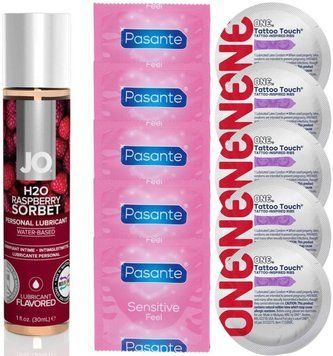 Набор 10 шт Pasante extra sensitive и ONE Tattoo Touch + System JO H2O &mdash; Raspberry Sorbet(30 мл) SOS4890 фото