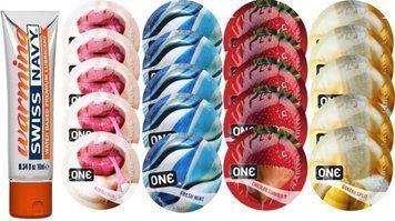 Набір з Swiss Navy Warming 10 мл + ONE Bubblegum + ONE Mint + ONE Chocolate Strawberry + ONE Banana SOS8595 фото