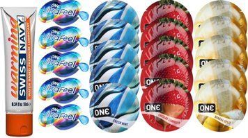Набір з Swiss Navy Warming 10 мл + ONE UltraFeel + ONE Mint + ONE Chocolate Strawberry + ONE Banana SOS8598 фото