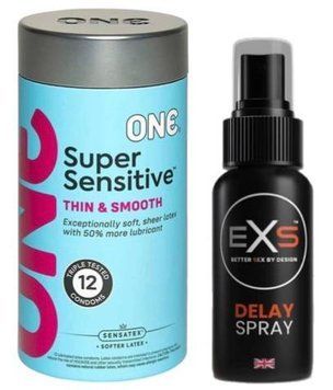 Набір з ONE Super Sensitive Pack 12 шт + Пролонгатор EXS DELAY SPRAY 50 МЛ SOS9418 фото