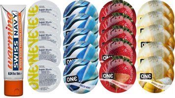 Набір з Swiss Navy Warming 10 мл + ONE Studs + ONE Mint + ONE Chocolate Strawberry + ONE Banana SOS8601 фото