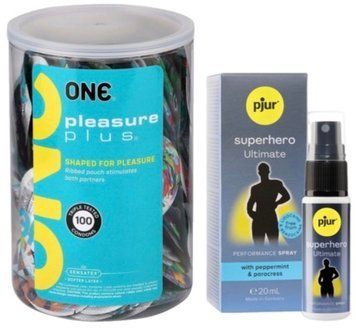 Набір з ONE Pleasure Plus, 100 шт + Пролонгатор pjur Superhero Ultimate Spray 20 мл SOS9122 фото