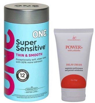 Набір з ONE Super Sensitive Pack 12 шт + Пролонгатор Doc Johnson Power+with Yohimbe Delay Cream For Men 56 г SOS9421 фото