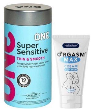 Набір з ONE Super Sensitive Pack 12 шт + Пролонгатор Medica-Group Orgasm Max for Men - krem 50 ml SOS9423 фото