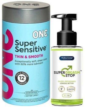 Набір з ONE Super Sensitive Pack 12 шт + Пролонгатор Medica-group Super Orgasm Stop 150 мл SOS9426 фото
