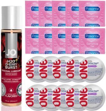 Набор 20 шт Pasante extra sensitive и ONE Tattoo Touch + System JO H2O - Cherry Burst (30 мл) SOS4900 фото