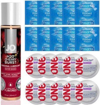 Набор 20 шт Pasante Ribbed и ONE Tattoo Touch + System JO H2O - Cherry Burst (30 мл) SOS4903 фото